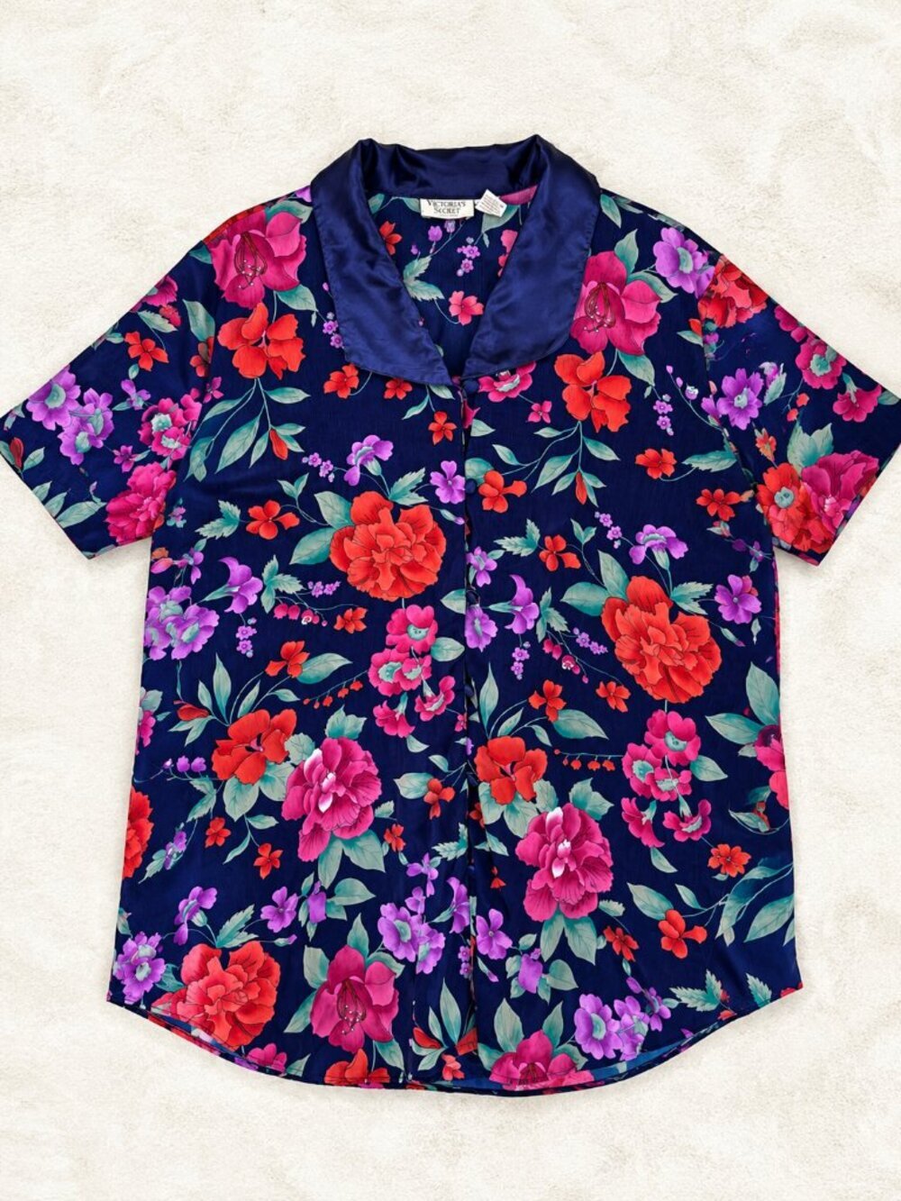Victoria's Secret Vintage Gold Label Glam Luxury Blue Floral Satin Sleep Shirt